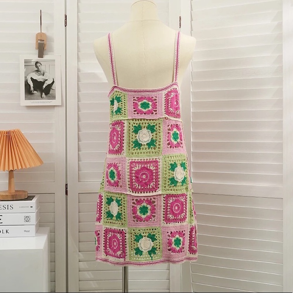 Crochet dress patch pink floral beach bikini cover up knit dress sun dress - Picture 2 of 3